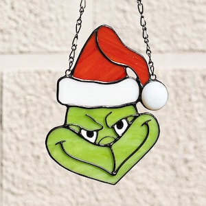 Grinch suncatcher stained glass Christmas wall window hangings, Sun catcher stained glass decor art, New year decor