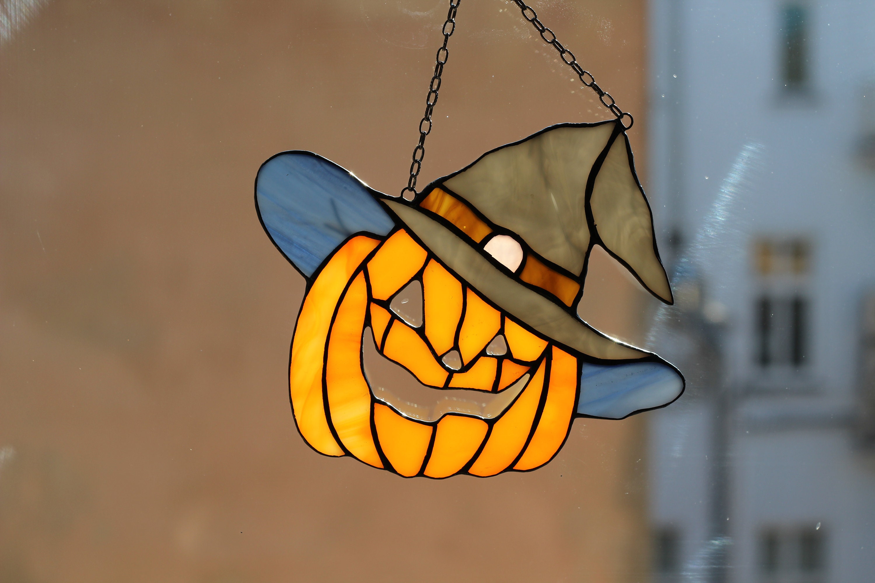Stained Glass Pumpkin in a hat Panel Orange Halloween | Etsy
