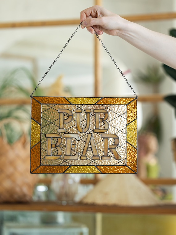Custom stained glass name pub sign suncatcher address personalized name cling housewarming gift Beer Mug Hangings Logo Bar Symbol Restaurant