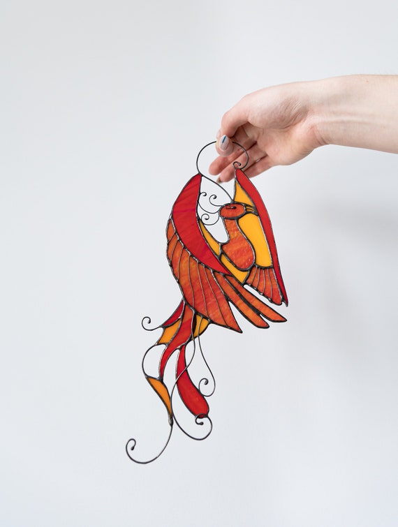 Bird phoenix mystical burning appears ashes Stain Glass Suncatcher Panel Gift Farmhouse Home House Decor Window Wall Hanging Animal