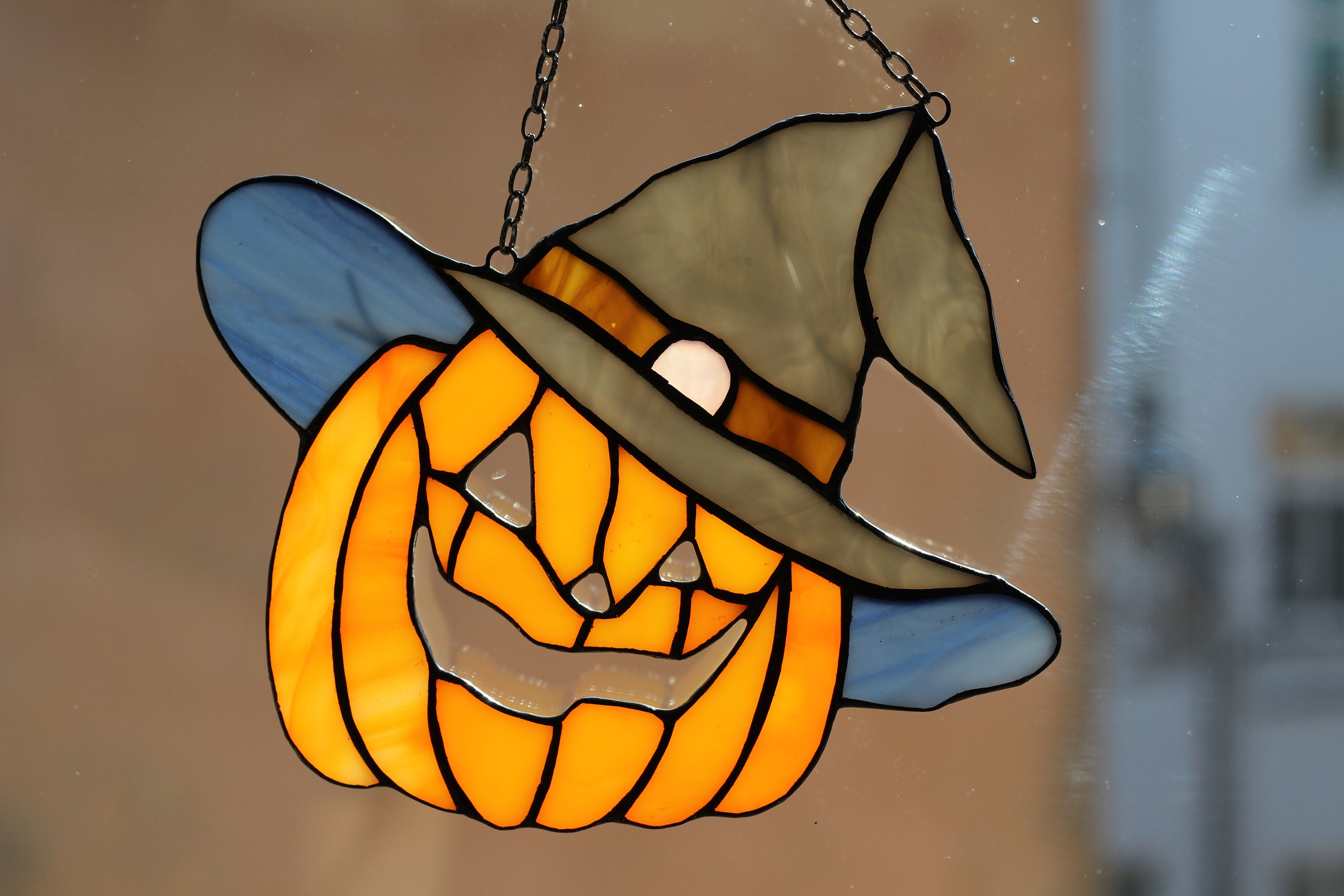 Stained Glass Pumpkin in a hat Panel Orange Halloween | Etsy