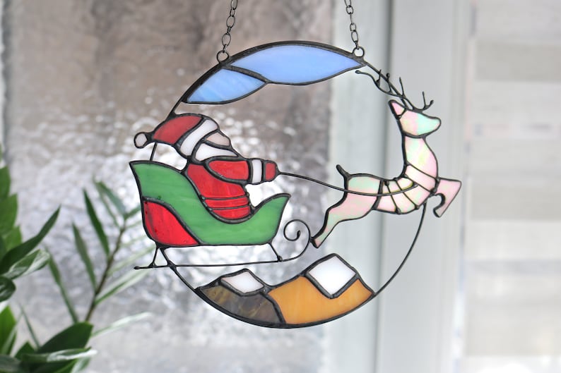 Christmas Santa Claus Deer Sun Catcher Gift Home Decor Window Wall Stained Glass Picture Memorial. New Year gift