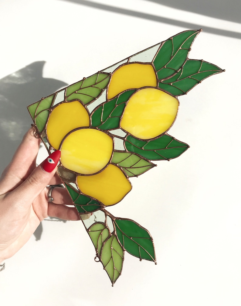 Yellow Corner Branch of lemons Suncatcher Ornament Stain Glass Tiffany Home House Decor Window Wall Decoration Boho Nature Art Picture