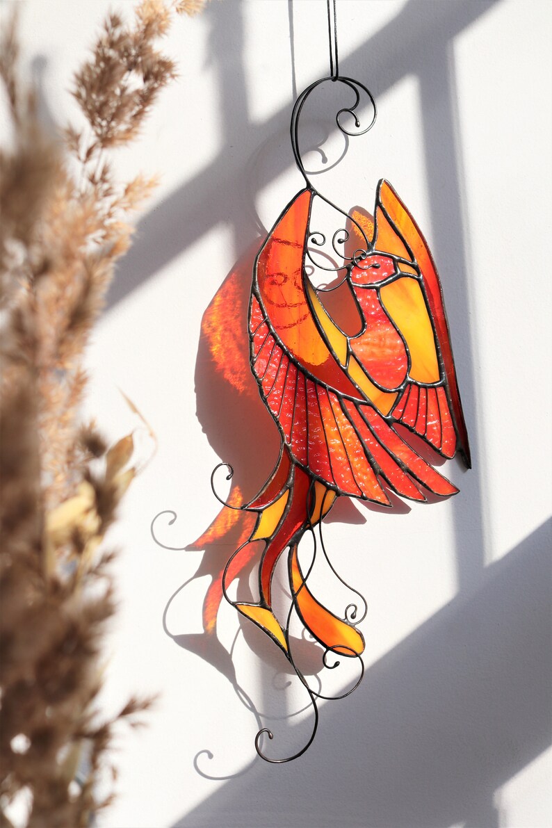 Bird phoenix mystical burning appears ashes Stain Glass Suncatcher Panel Gift Farmhouse Home House Decor Window Wall Hanging Animal Ornament