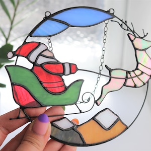 Christmas Santa Claus Deer Sun Catcher Gift Home Decor Window Wall Stained Glass Picture Memorial. New Year gift