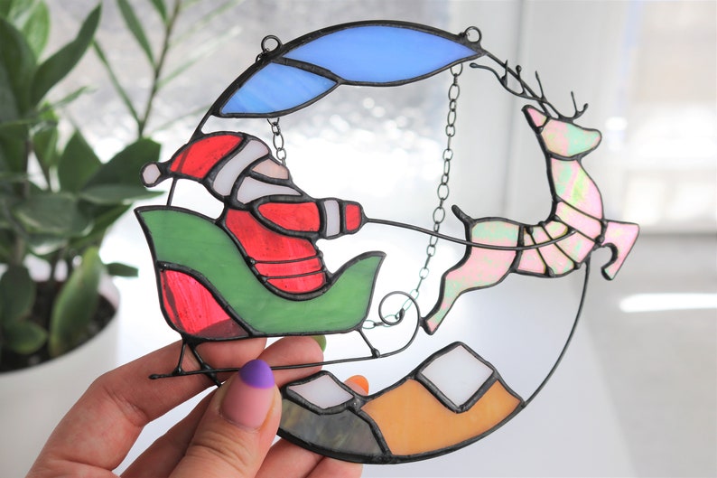 Christmas Santa Claus Deer Sun Catcher Gift Home Decor Window Wall Stained Glass Picture Memorial. New Year gift