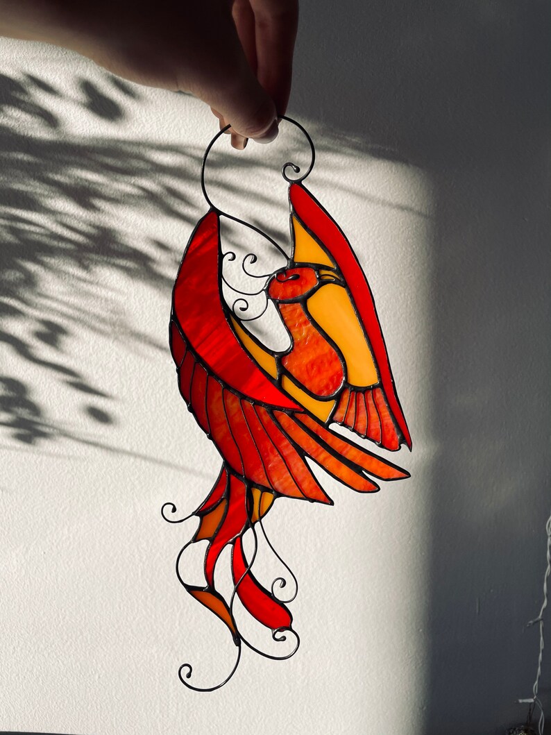 Bird phoenix mystical burning appears ashes Stain Glass Suncatcher Panel Gift Farmhouse Home House Decor Window Wall Hanging Animal Ornament