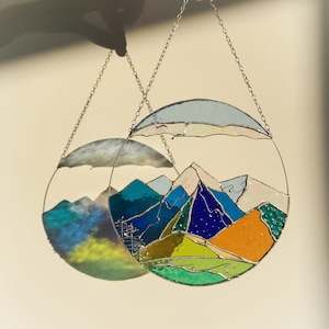 Stain Glass Panel Suncatcher Picture Mountains Hill Landscape Home Decor For Window Wall Cling Nature Gift for Mothers day House