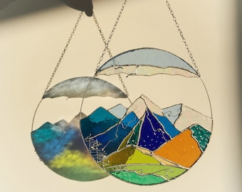 Stain Glass Panel Suncatcher Picture Mountains Hill Landscape Home Decor For Window Wall Cling Nature Gift for Mothers day House
