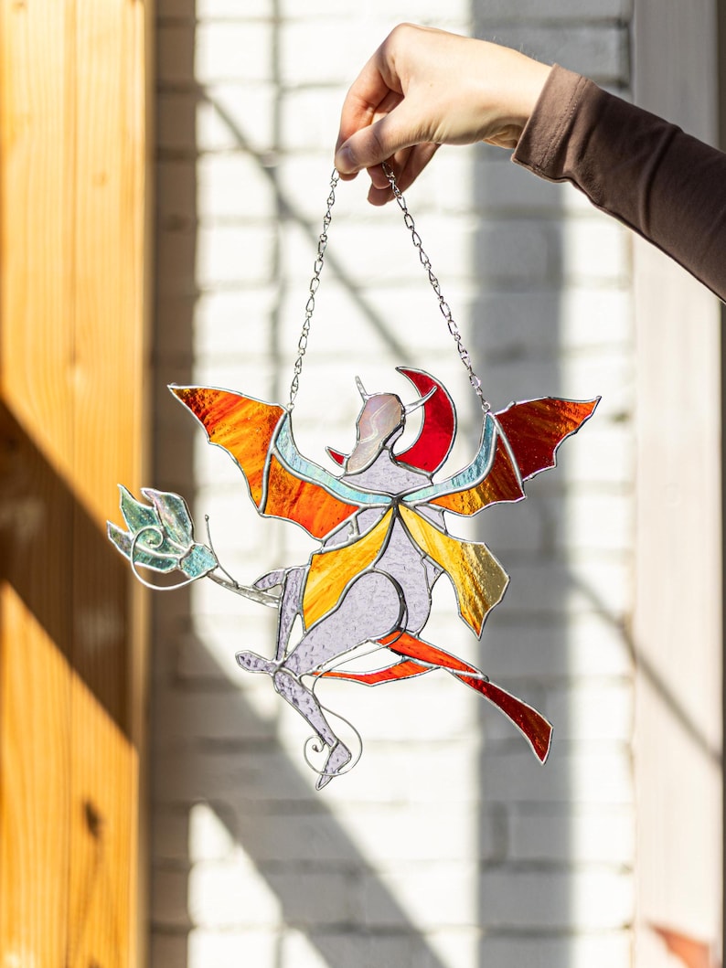 Witch With Wings on a Broomstick Hanging Stained Glass Sun Catcher