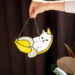 Cat in banana Stained Glass Suncather. Kitchen decor, funny wall sun catcher, nursery decor, window hangings, Mother's Day gift