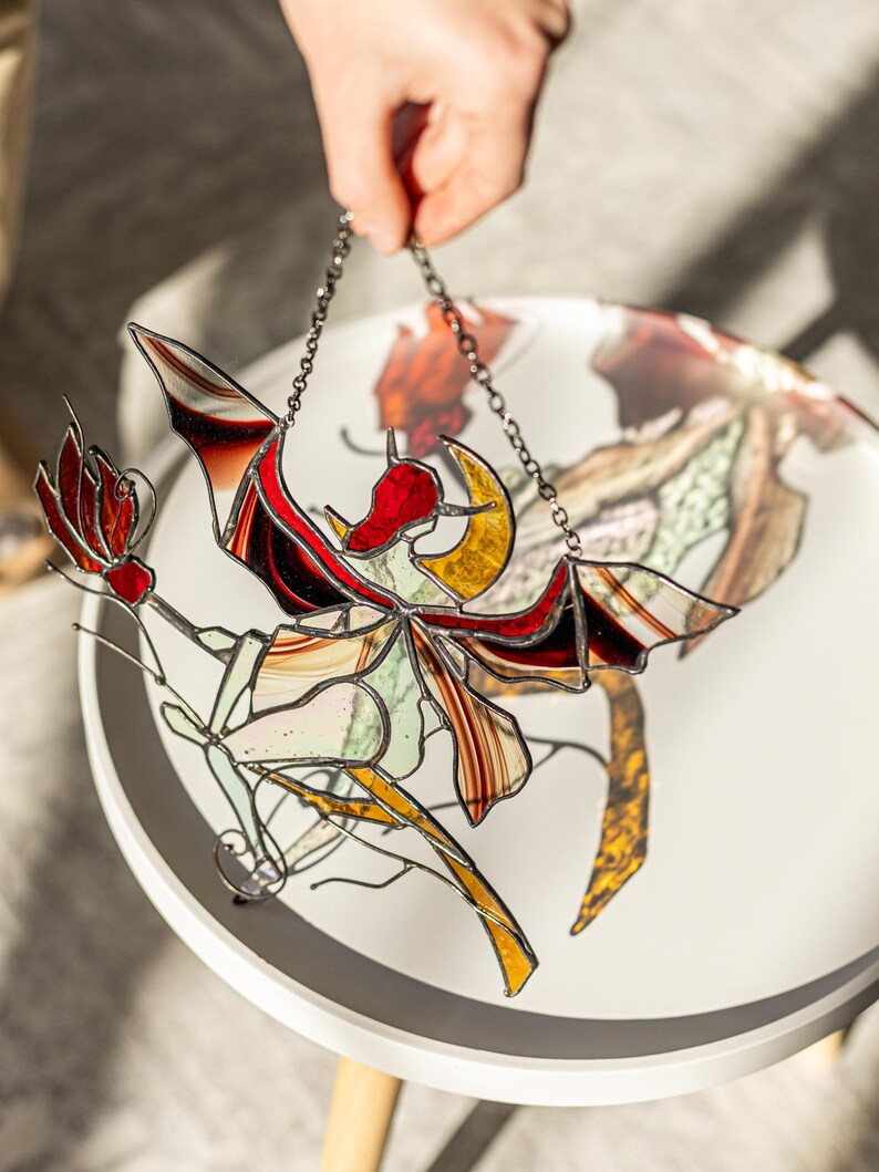 Witch With Wings on a Broomstick Hanging Stained Glass Sun Catcher