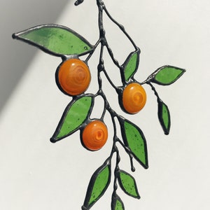 Green Suncatcher Mandarin. Leaf tangerine. Stained Glass Branch Home House Decor. Window Wall Art, Mother&#39;s Day gift