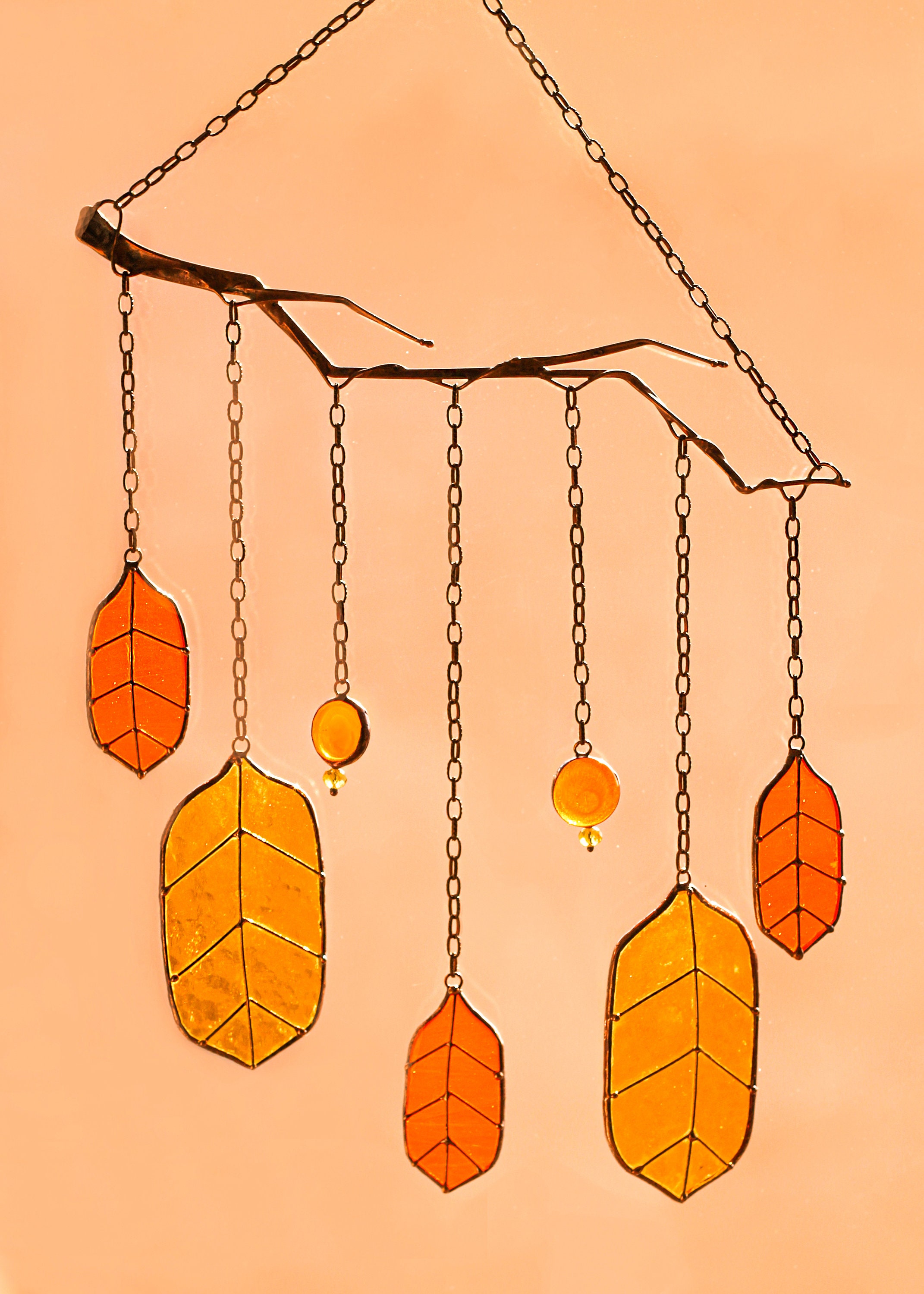 Stained Glass Orange Leaf Set Branch Fall Decor Dream Catcher Etsy