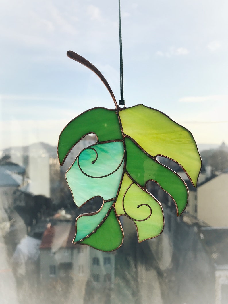 Stained Glass Green Monstera Suncatcher Leaf Gift Home Decor Garden Window Wall Mothers Gift Window Art Cling Ornament