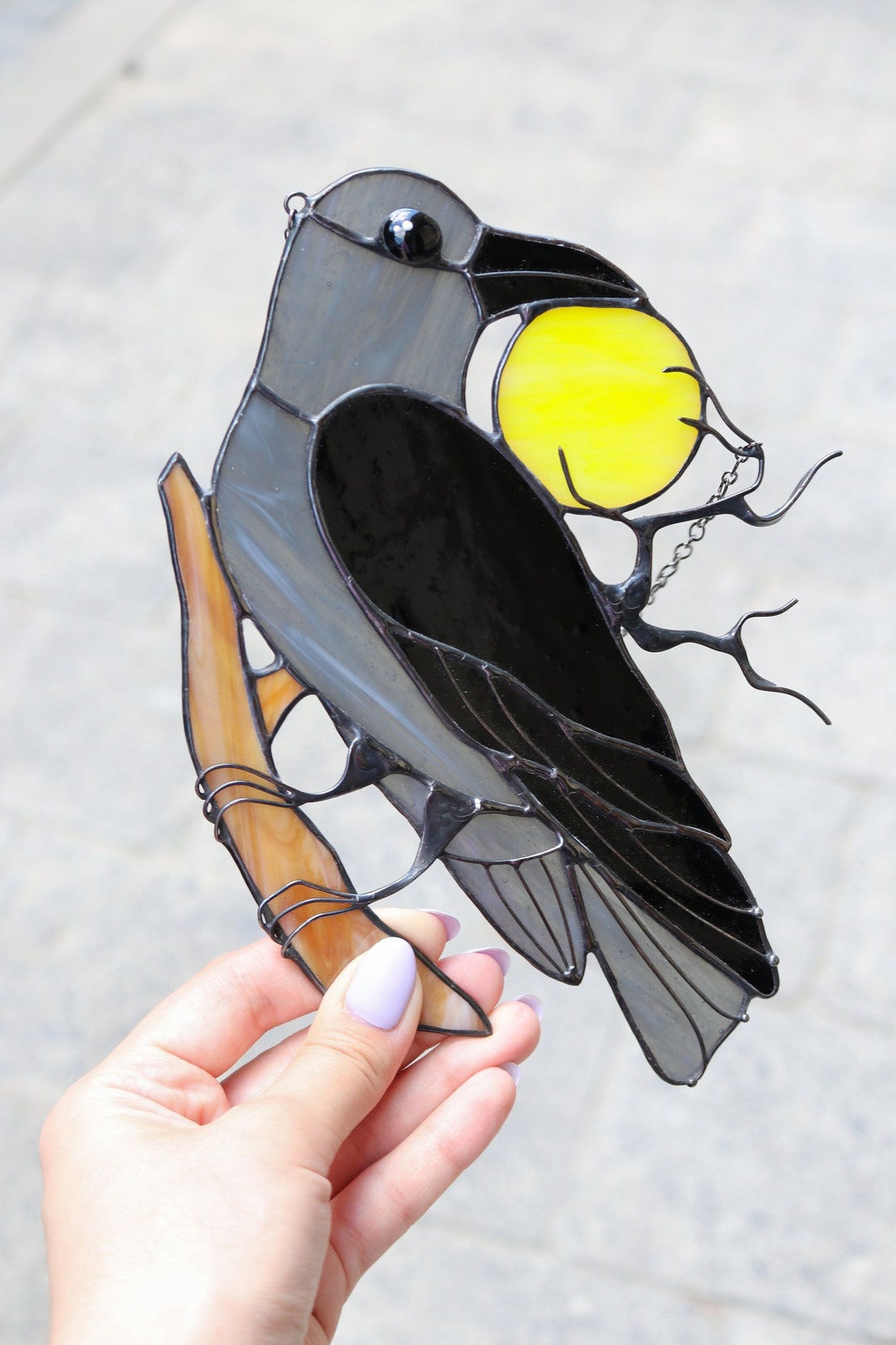 Rabe Auf Laterne Sonnenfänger 2025 - Buntglas Acryl Halloween Deko Dark Academia