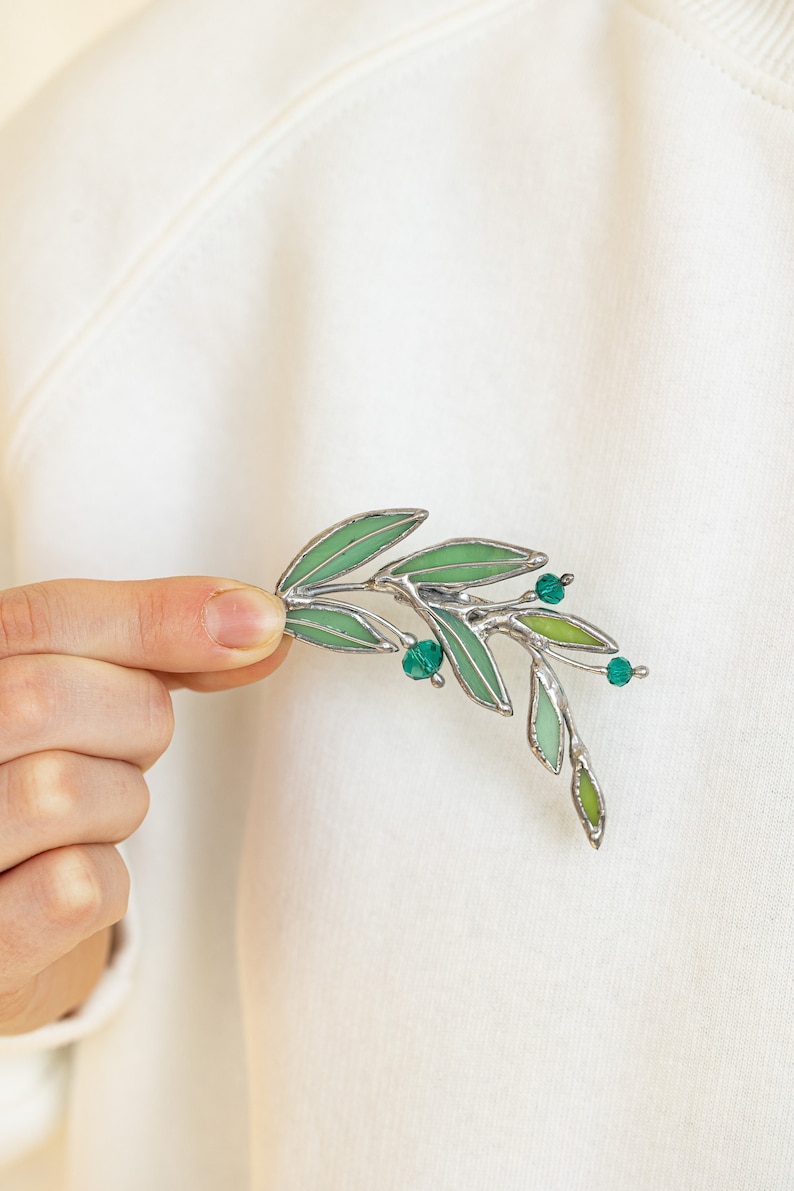 Laurel Branch Brooch. Stained Glass Broach. Accessories Jewelry Pin Leaf. Mother's Small Gift