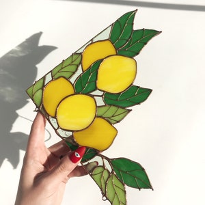 Yellow Corner Branch of lemons Suncatcher Ornament Stain Glass Tiffany Home House Decor Window Wall Decoration Boho Nature Art Picture