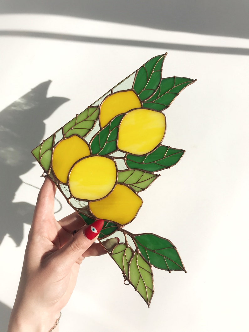 Yellow Corner Branch of lemons Suncatcher Ornament Stain Glass Tiffany Home House Decor Window Wall Decoration Boho Nature Art Picture