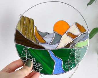 Mother's Gift Stain Glass Panel Suncatcher Picture Mountains Hill Landscape Home Decor For Window Wall Cling Nature House
