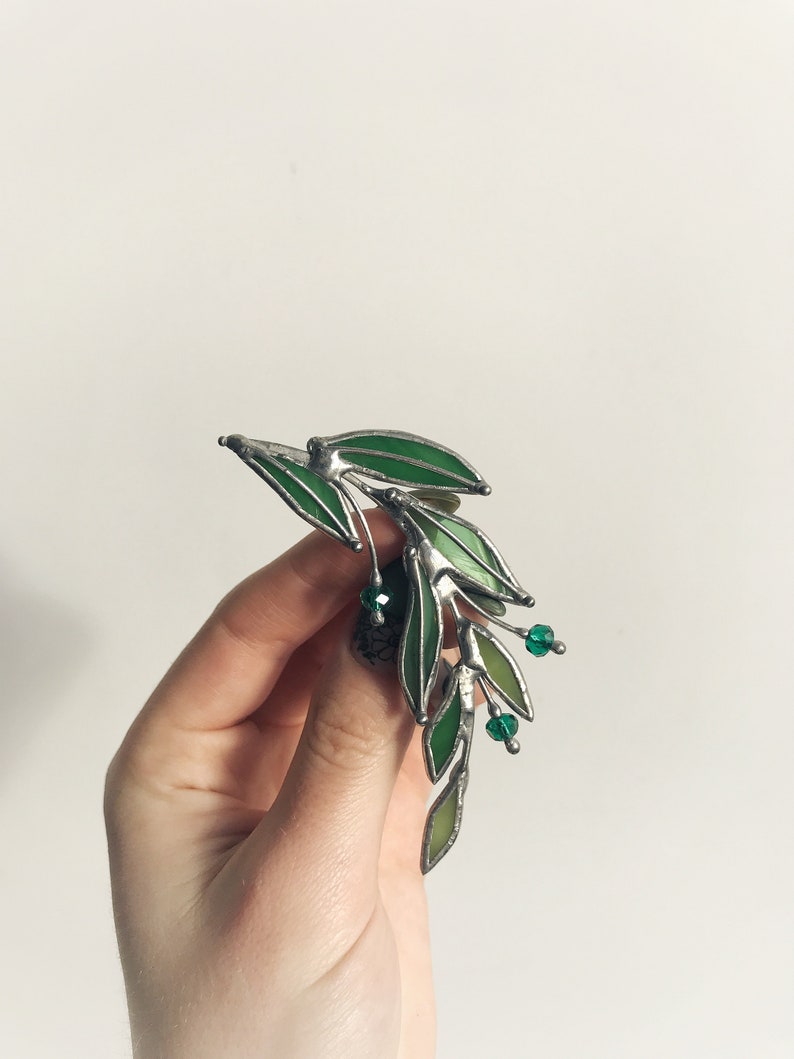 Green Laurel Branch Brooch. Stained Glass Nature Broach. Accessories Imitation Jewelry Pin Leaf. Mother's Small Gift