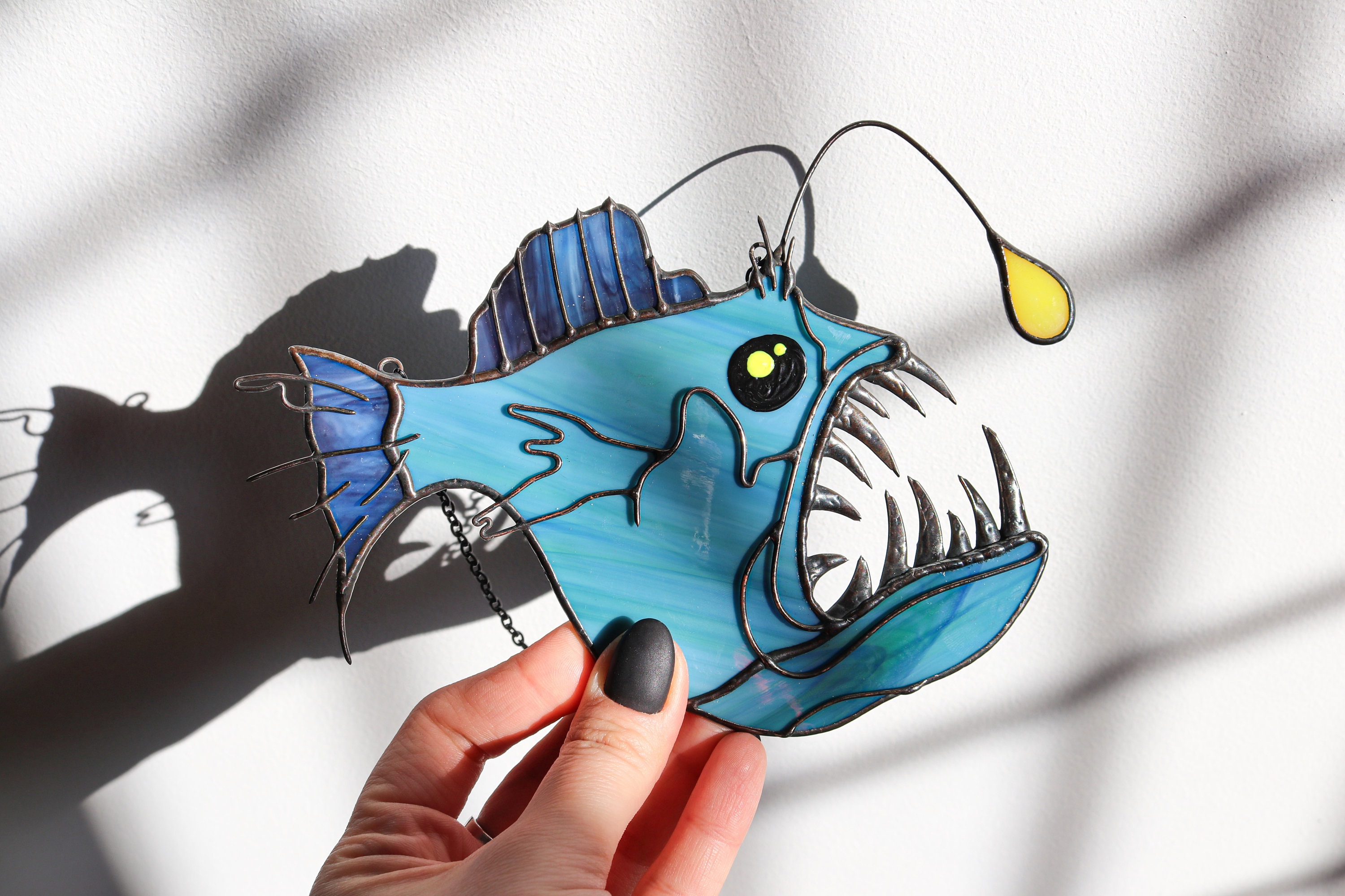 Angler Fish Devil Fish Suncatcher Stained Glass Decor Blue Home