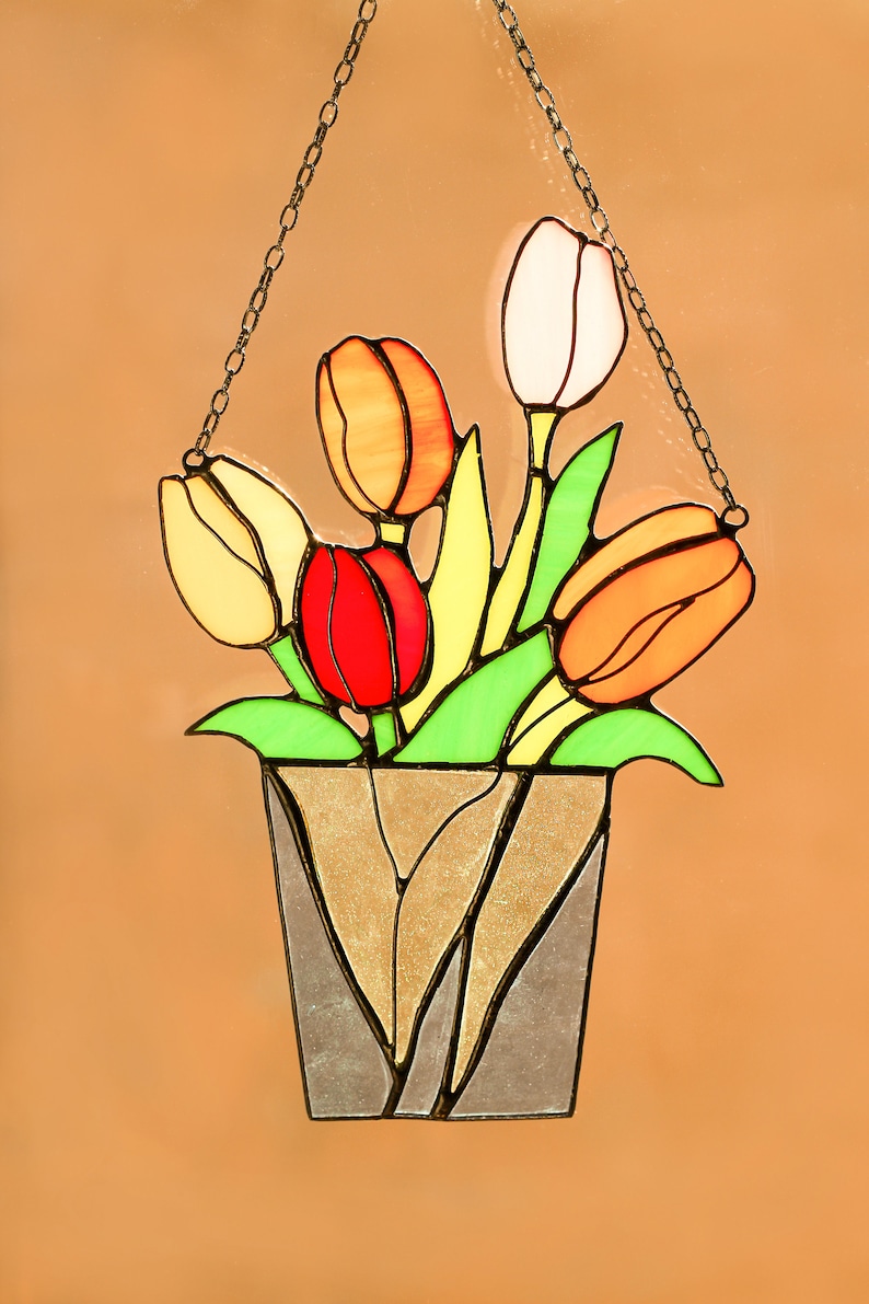 Stained Glass Mum Gift Bouquet Flower Tulips Suncatcher Farmhouse Home House Decor Flowerpot Window Wall Hangings, Living room art