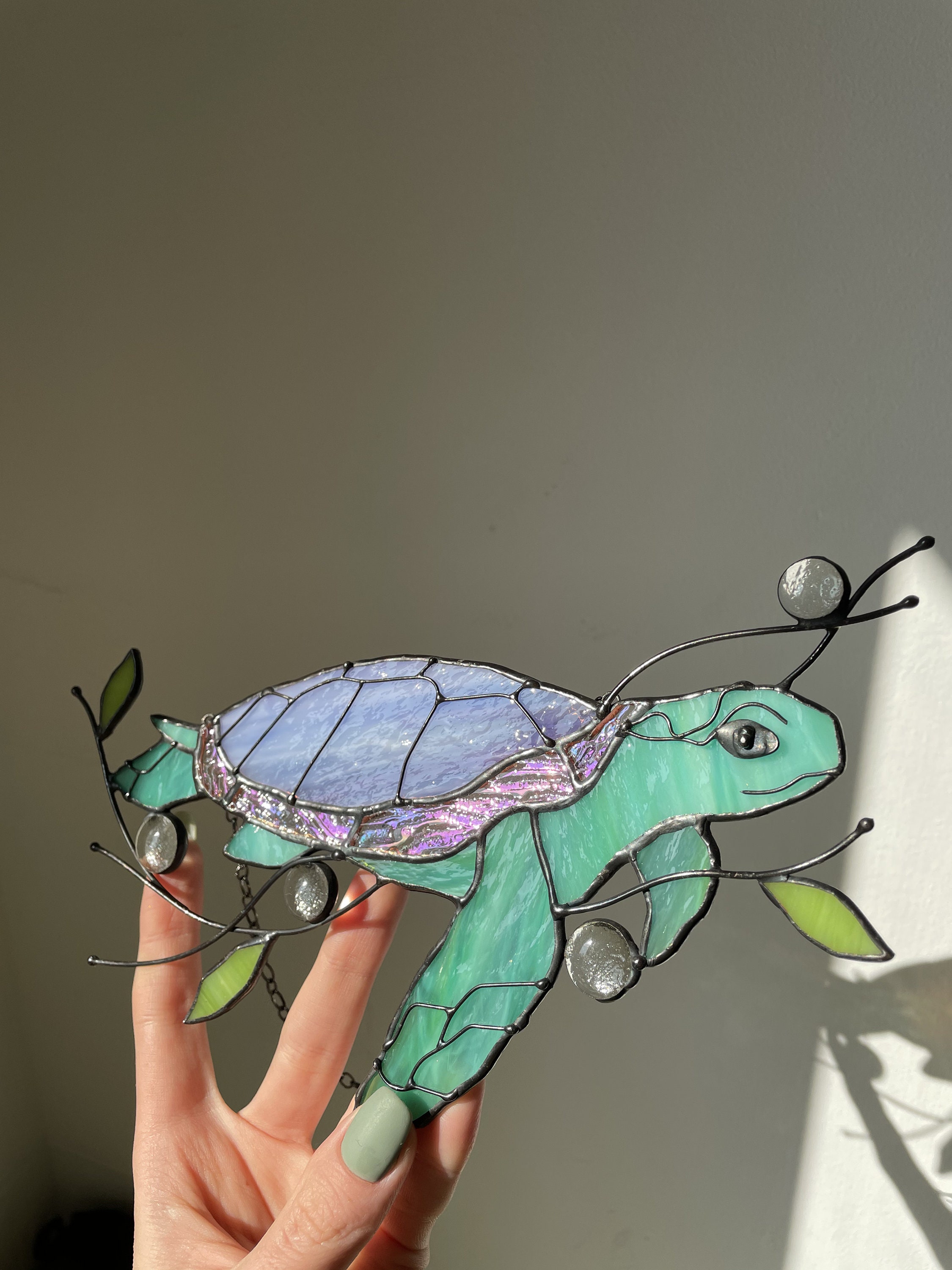 Turtle Suncatcher Stain Glass Panel Decor Green Home House Etsy