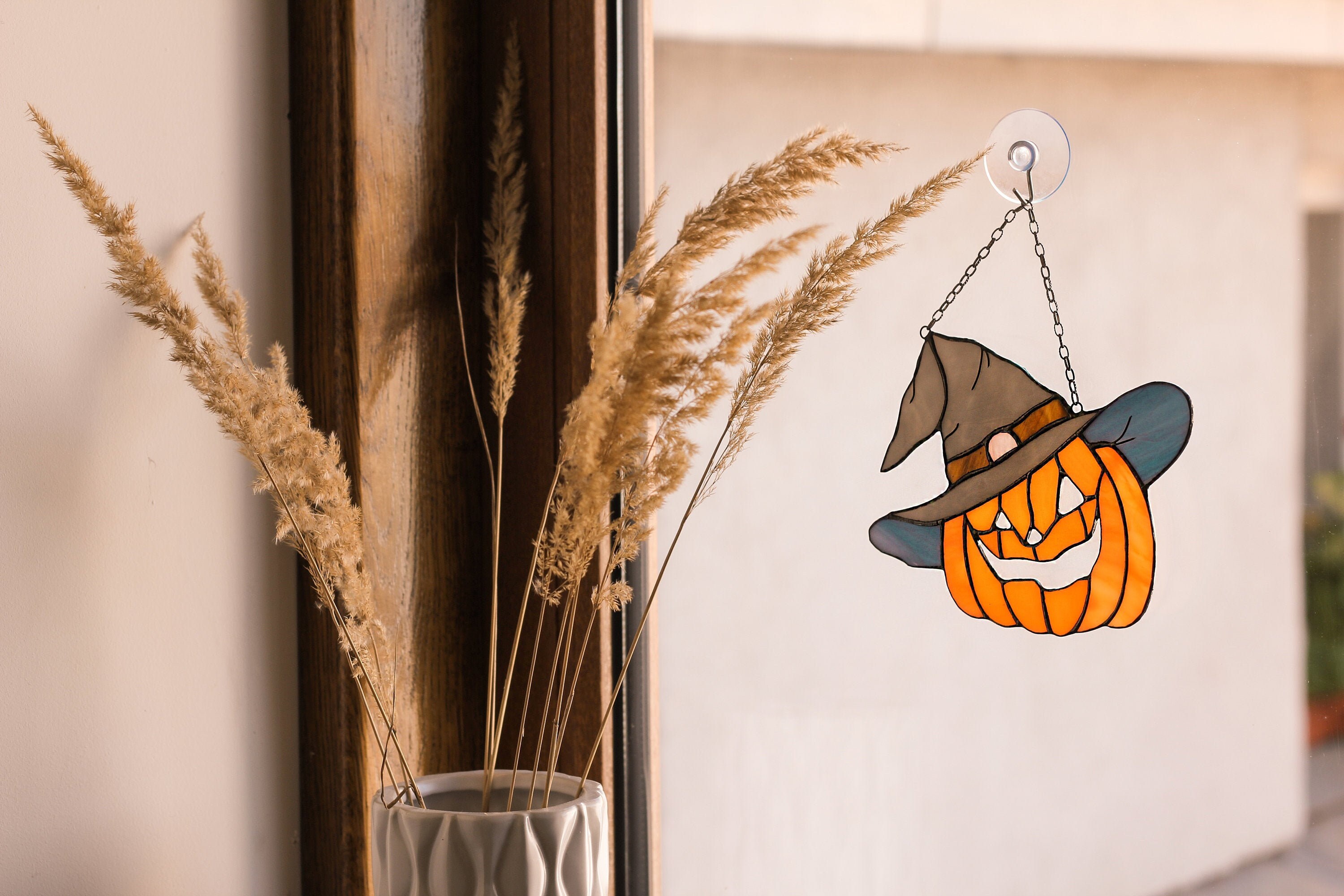 Stained Glass Pumpkin in a hat Panel Orange Halloween | Etsy