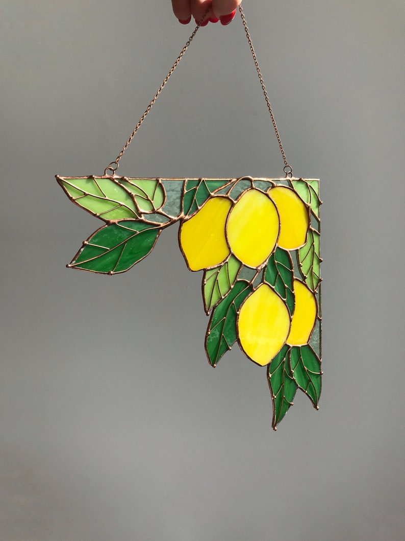 Yellow Corner Branch of lemons Suncatcher Ornament Stain Glass Tiffany Home House Decor Window Wall Decoration Boho Nature Art Picture