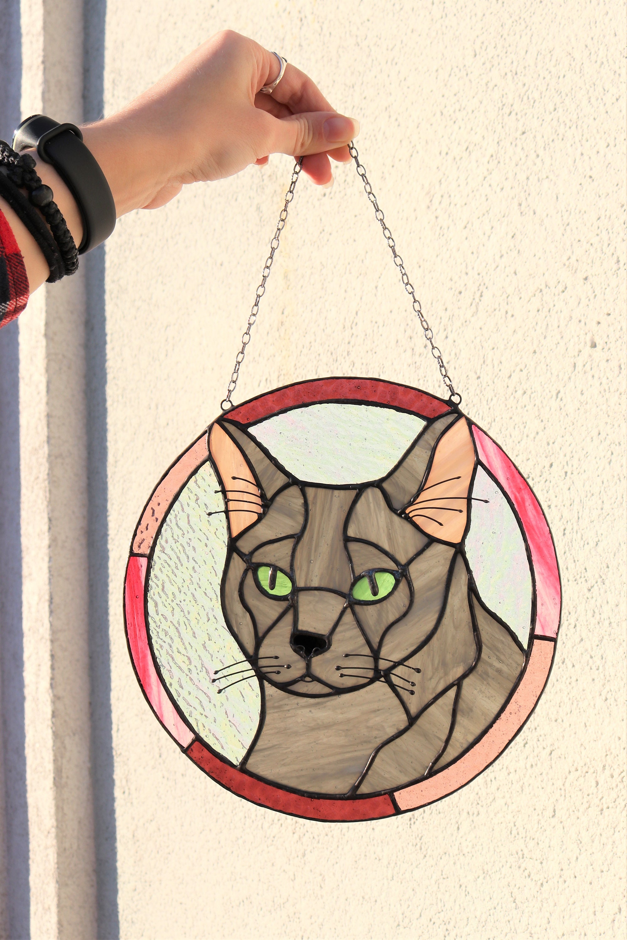 Custom Cat Portrait Art Suncatcher, Pet Ornament Memorial Stained Glass ...