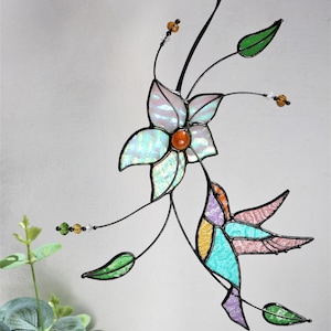 Hummingbird Stained Glass Suncatcher Panel Farmhouse Home House Decor Bird Window Wall Hangings Animal Mother&#39;s gift Living Kitchen room art