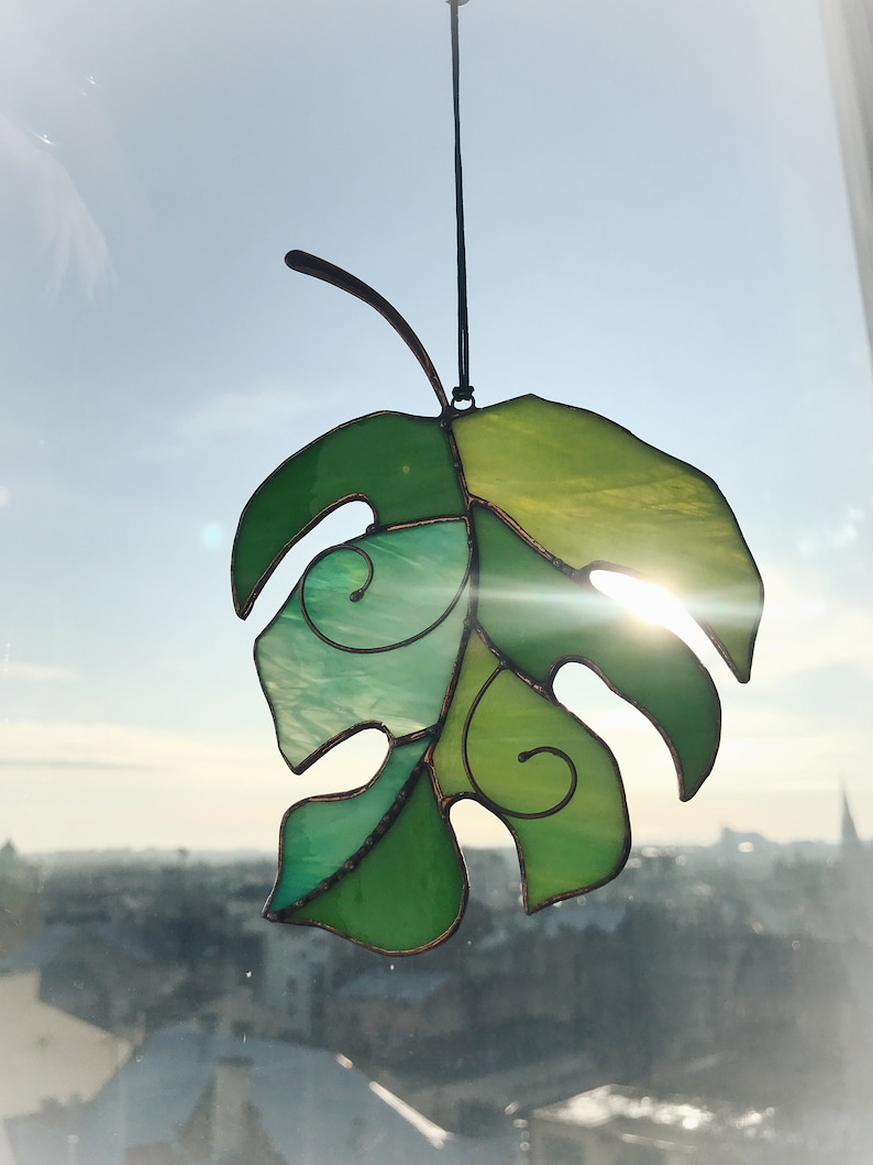 Stained Glass Green Monstera Suncatcher Leaf Gift Home Decor Garden Window Wall Mothers Gift Window Art Cling Ornament