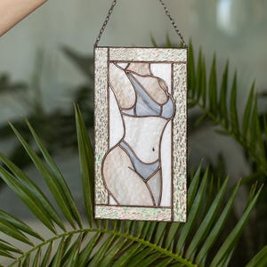 Naked woman body, Stain Glass Panel Portrait Picture of Girl Window Hanging Suncatcher Home Wall Decor, Female figure