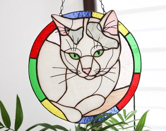 Custom Cat Portrait Art Suncatcher, Pet ornament Memorial Stained Glass Face Picture Gift Home House Decor Window Wall Hanging Dog