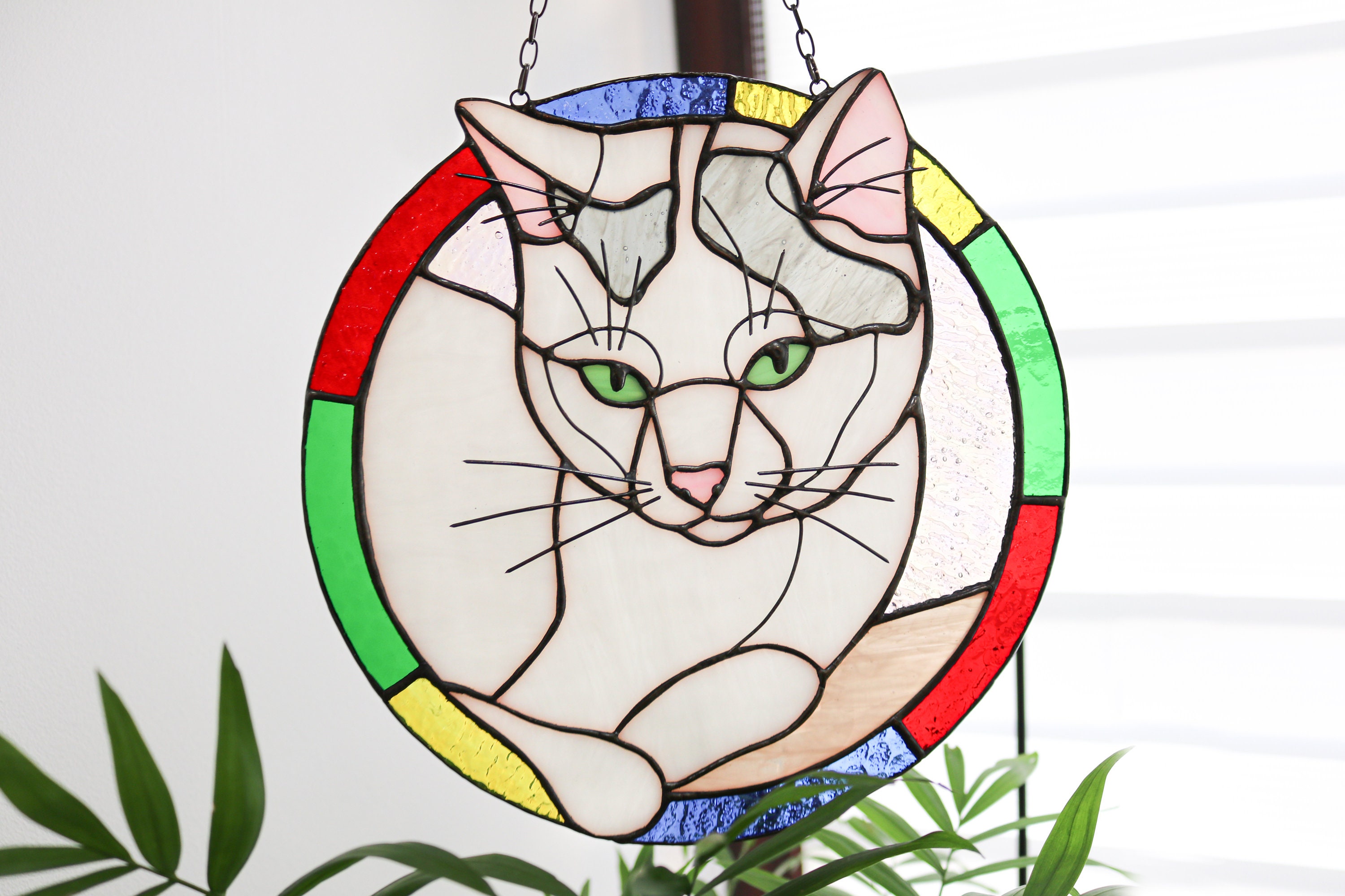 Custom Cat Portrait Art Suncatcher, Pet Memorial Stained Glass Face ...