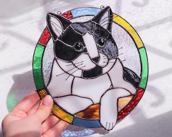 Custom Cat Portrait Art Suncatcher, Pet ornament Memorial Stained Glass Face Picture Gift Home House Decor Window Wall Hanging Dog