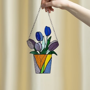 Stained Glass Mum Gift Bouquet Flower Tulips Suncatcher Farmhouse Home House Decor Flowerpot Window Wall Hangings, Living room art