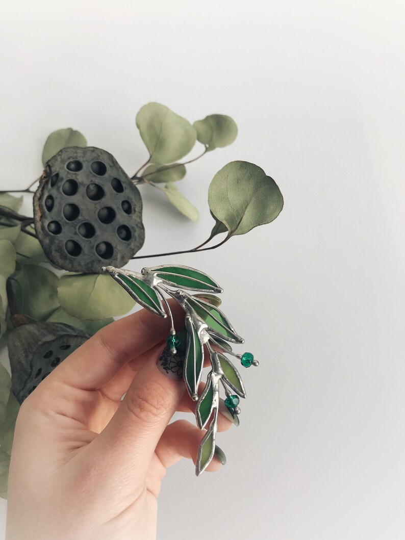 Green Laurel Branch Brooch. Stained Glass Nature Broach. Accessories Imitation Jewelry Pin Leaf. Mother's Small Gift