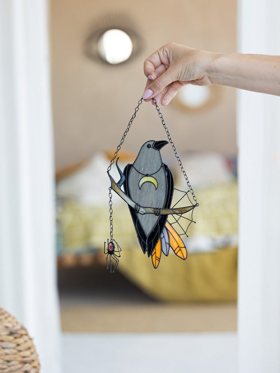 Raven Acchiappasole In Vetro Colorato - Corvo Nero Su Ramo, Decorazione Gotica Per Finestre, 16 Cm