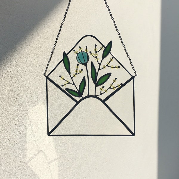 Stained Glass Green Clear Envelope Suncatcher Woman Gift Home Decor Art Window Wall Decorations Hanging