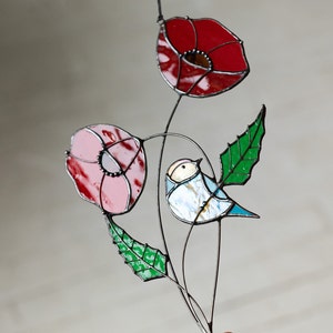 Poppies Bird Stained Glass Suncatcher Flowers Gift for Woman Girl House Home Decor For Window Wall hangings Mothers Day
