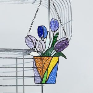 Stained Glass Mum Gift Bouquet Flower Tulips Suncatcher Farmhouse Home House Decor Flowerpot Window Wall Hangings, Living room art