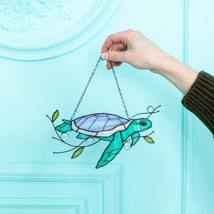 Turtle Suncatcher Stain Glass Decor Green Home House Window Wall Hangings Gift House Grandma gift image 2