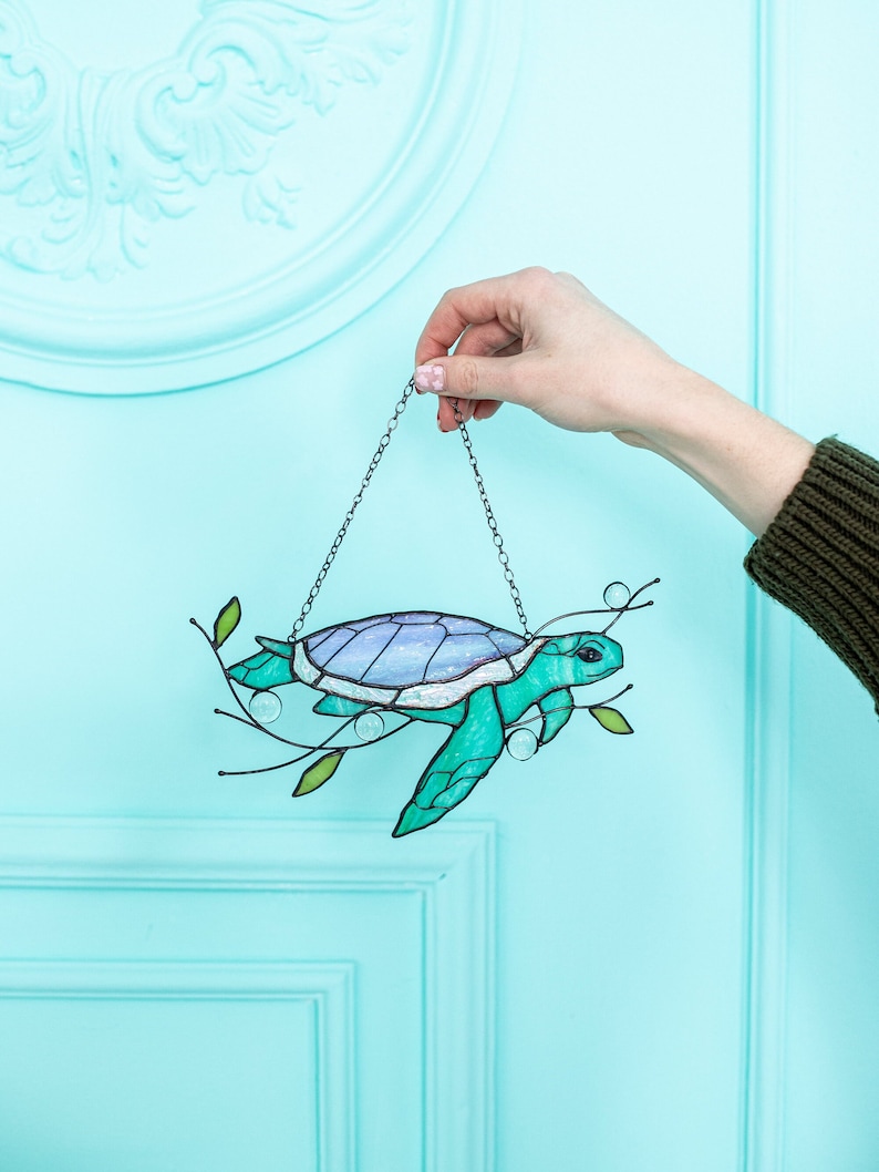 Turtle Suncatcher Stain Glass Decor Green Home House Window Wall Hangings Gift House Grandma gift image 2