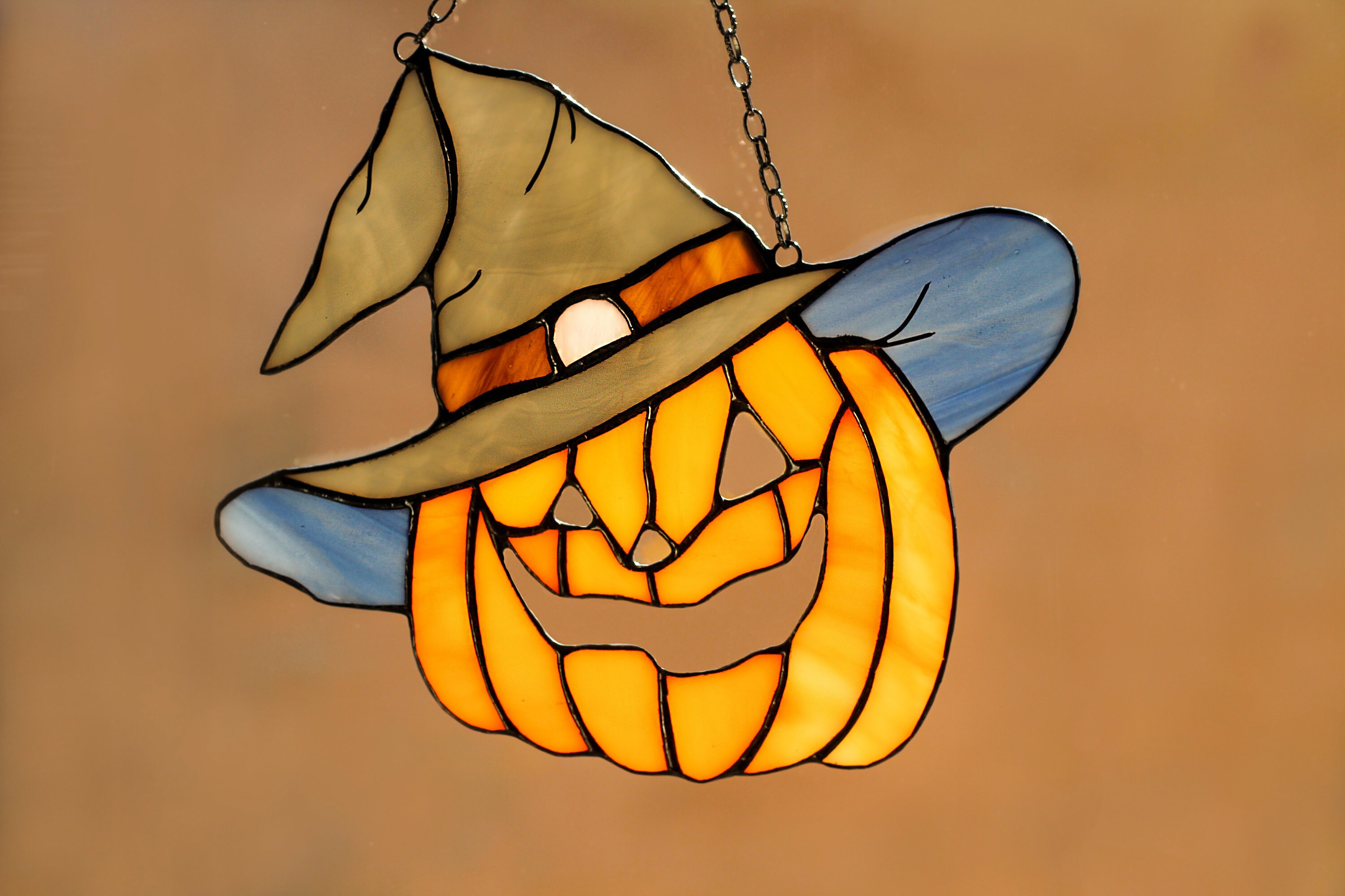 Stained Glass Pumpkin in a hat Panel Orange Halloween | Etsy