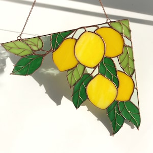 Yellow Corner Branch of lemons Suncatcher Ornament Stain Glass Tiffany Home House Decor Window Wall Decoration Boho Nature Art Picture