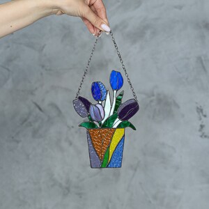 Stained Glass Mum Gift Bouquet Flower Tulips Suncatcher Farmhouse Home House Decor Flowerpot Window Wall Hangings, Living room art