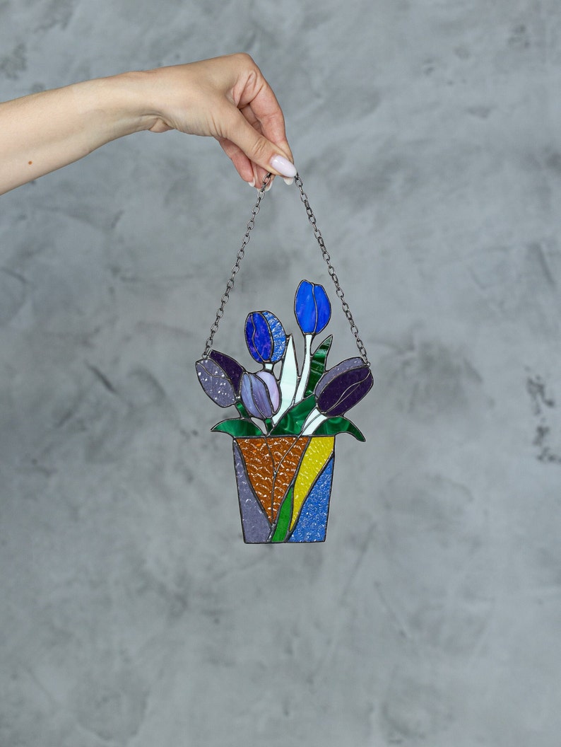 Stained Glass Mum Gift Bouquet Flower Tulips Suncatcher Farmhouse Home House Decor Flowerpot Window Wall Hangings, Living room art