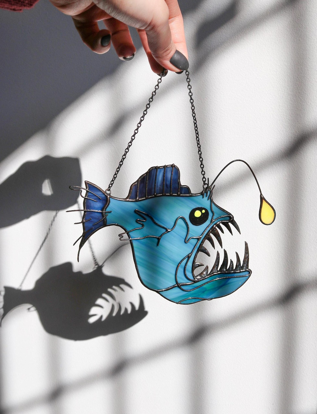 Angler Fish Devil Fish Suncatcher Stained Glass Decor Blue Home